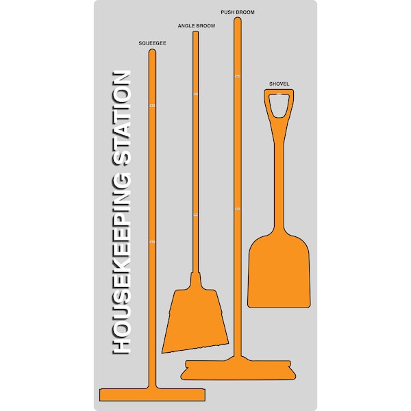 5S Housekeeping Shadow Board Broom Station Version 6 - Gray Board / Orange Shadows  With Broom